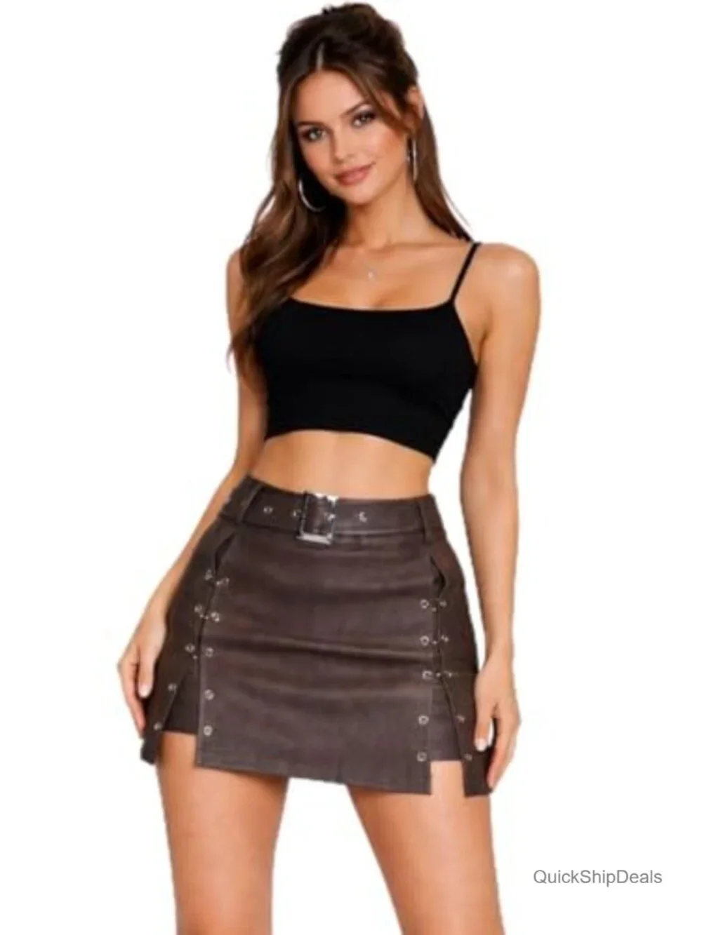 Faux Suede Bodycon Mini Skirt with Buckle Straps